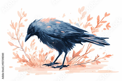 Artistic depiction of a crow standing among delicate pink foliage in a whimsical watercolor style photo