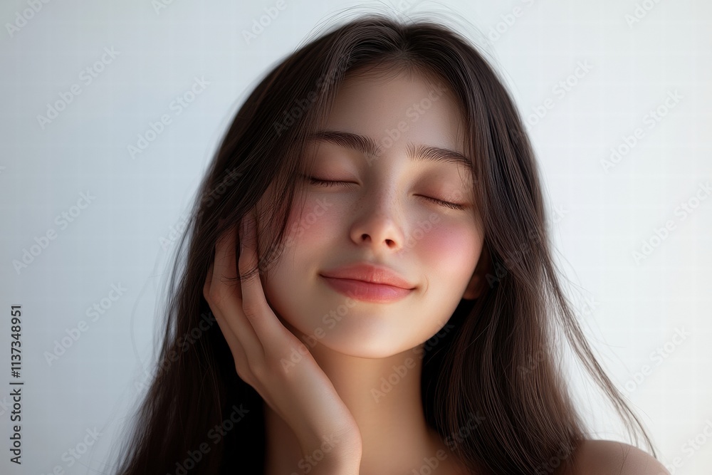 Serene Young Woman with Closed Eyes and Long Brown Hair Serene Young Woman with Closed Eyes and Long Brown Hair
