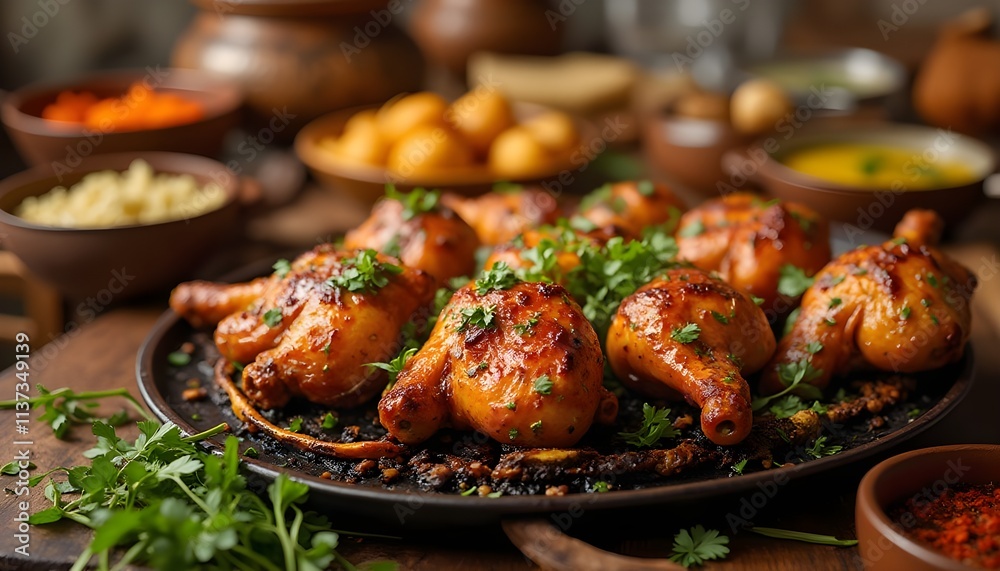 Tandoori Chicken on Grill with Green Herbs and Lemon Tandoori Chicken on Grill with Green Herbs and Lemon