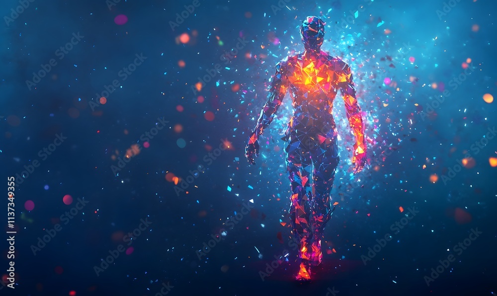 Obraz premium Colorful human form walking, particles floating in dark space.