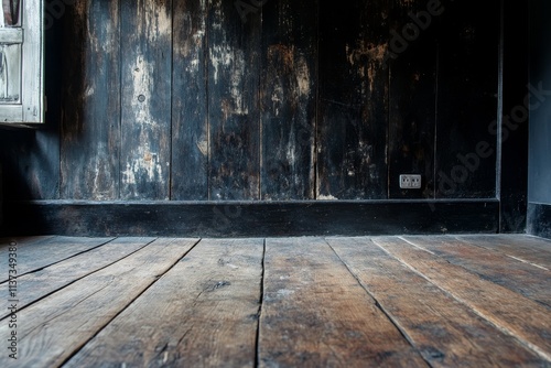 Dark rustic room interior with aged wooden walls and floor.
