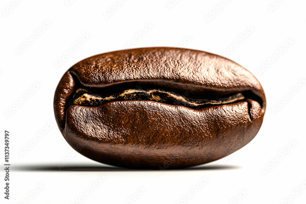 Close-Up of Single Roasted Coffee Bean with Rich Texture and Deep Brown Color Isolated on White Background Close-Up of Single Roasted Coffee Bean with Rich Texture and Deep Brown Color Isolated on White Background