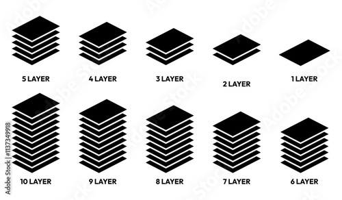 Layers icon set. Layer 1, 2, 3, 4, 5, 6, 7, 8, 9, 10. Logo layers, levels, tiers, sheets icons. Fabric floor layers symbol absorbent of material stack vector. Surface levels technology for business.