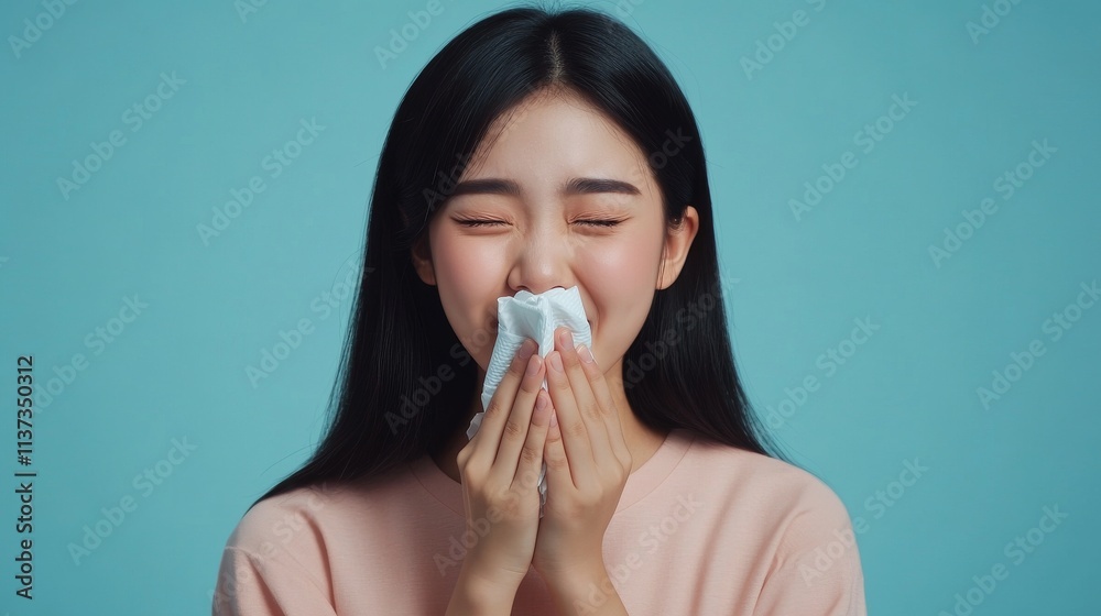 College-age Asian student with straight black hair, light rose casual shirt, demonstrating proper tissue use while sneezing, clean studio setting, medical educational portrait College-age Asian student with straight black hair, light rose casual shirt, demonstrating proper tissue use while sneezing, clean studio setting, medical educational portrait