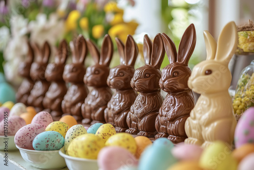 Rows of chocolate bunnies displayed on a table with Easter decorations, bright and colorful, fun and whimsical atmosphere 