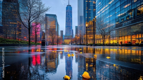Rainy Night Reflection of Skyscrapers in New York City