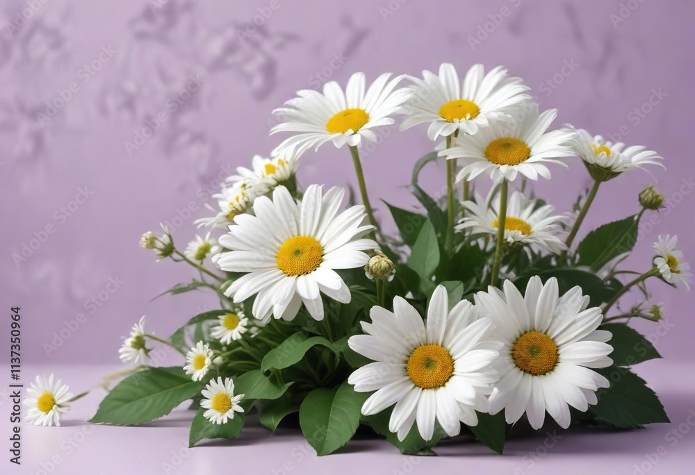 Obraz premium Elegant arrangement of white daisies with green leaves on a light purple background, floral, leaves, background