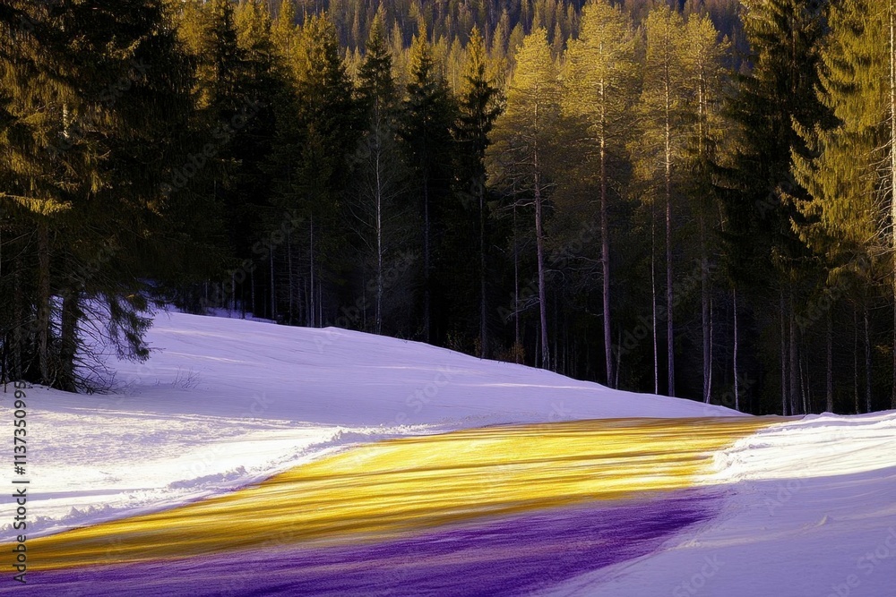A snowy landscape with a golden path winding through evergreen trees. A snowy landscape with a golden path winding through evergreen trees.