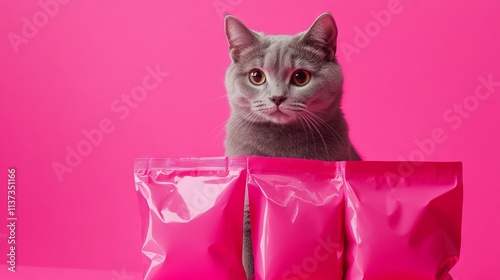 Pet food pouches in bright fuschia packaging, elegant feline portraits, modern product layout, white studio background, advertising photography style photo