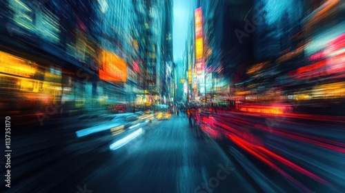 A vibrant city scene with blurred lights and movement, capturing urban energy.