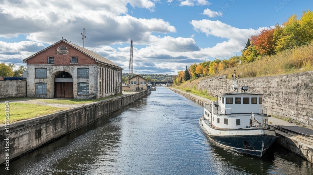 A serene canal scene with a boat, historic building, and autumn foliage. A serene canal scene with a boat, historic building, and autumn foliage.