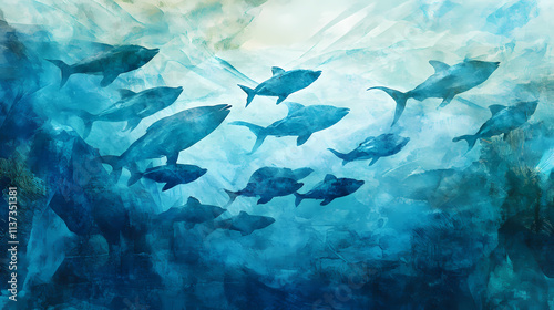 A school of fish swimming in a multilayered aquamarine background, underwater photography, aquatic life, ocean scenery, aquatic art, watercolor strip. Beryl. Illustration