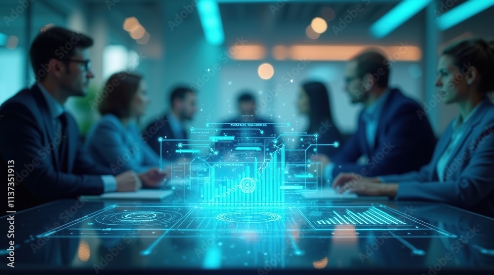 Futuristic Business Meeting in a High-Tech Office Environment Futuristic Business Meeting in a High-Tech Office Environment