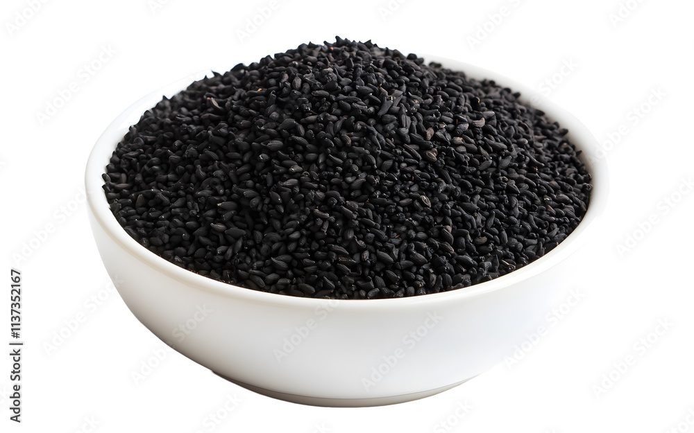 Black cumin seeds in a white bowl on a transparent background. isolated background. Black cumin seeds in a white bowl on a transparent background. isolated background.