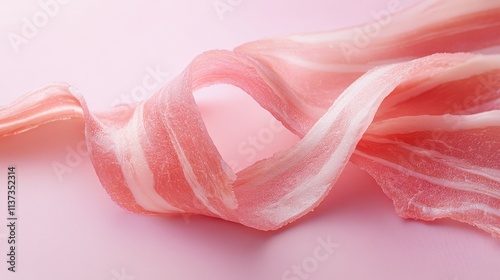 Delicate meat ribbon, pearlescent pink hues, natural striped pattern, flowing curve shape, minimalist presentation, gourmet photography, bright clean setting