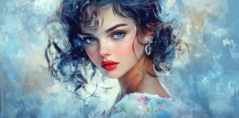 Fototapeta premium A beautiful girl with dark, curly hair and blue eyes, red lips, and earrings on her ears, wearing an elegant shirt in pastel colors, against a blue background.