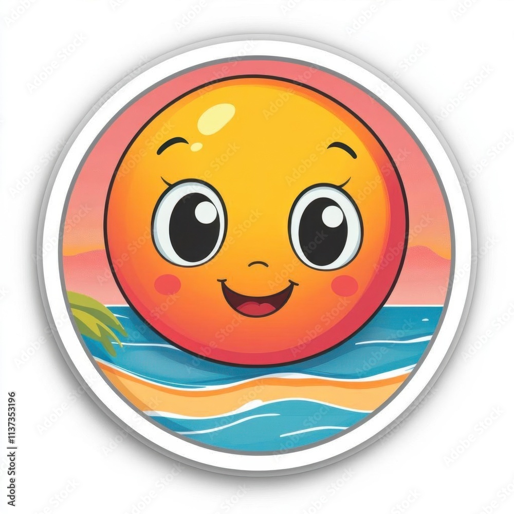Fototapeta premium A cheerful sun character with a smiling face over a beach scene.