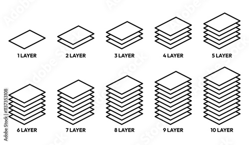 Layers icon set. Layer 1, 2, 3, 4, 5, 6, 7, 8, 9, 10. Logo layers, levels, tiers, sheets icons. Fabric floor layers symbol absorbent of material stack vector. Surface levels technology for business.