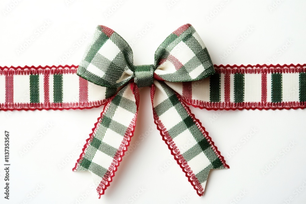 Festive ribbon bow with green and red pattern on white Festive ribbon bow with green and red pattern on white
