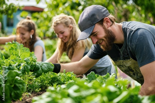 Wallpaper Mural People gardening and harvesting fresh vegetables in a lush environment. Torontodigital.ca