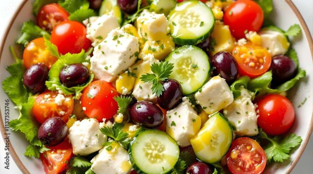 A photorealistic bowl of Greek salad featuring chunks of feta cheese, kalamata olives, cucumber slices and juicy cherry tomatoes. The salad is drizzled with olive oil and sprinkled with oregano. A photorealistic bowl of Greek salad featuring chunks of feta cheese, kalamata olives, cucumber slices and juicy cherry tomatoes. The salad is drizzled with olive oil and sprinkled with oregano.