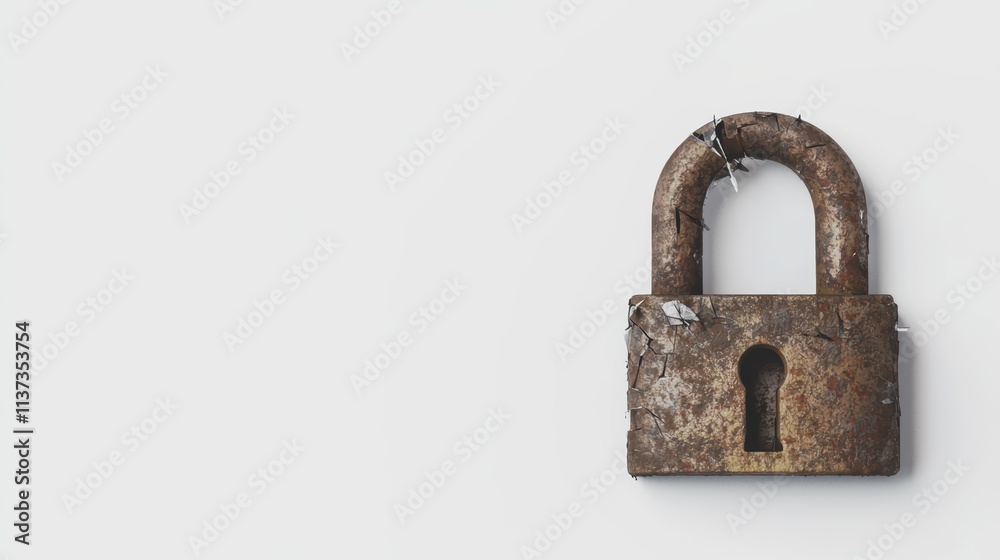 Rusted broken padlock on white background still life minimalist Rusted broken padlock on white background still life minimalist