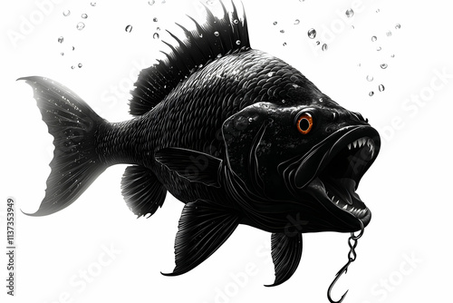 Black freshwater fish with sharp teeth and bubbles around, artistic illustration for nature and wildlife themes photo