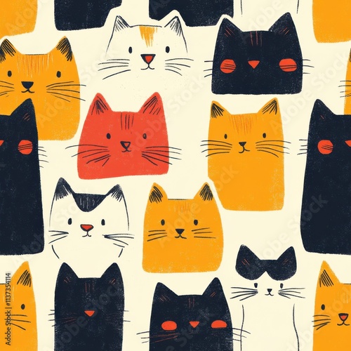 Cute illustrated pattern with colorful cat faces