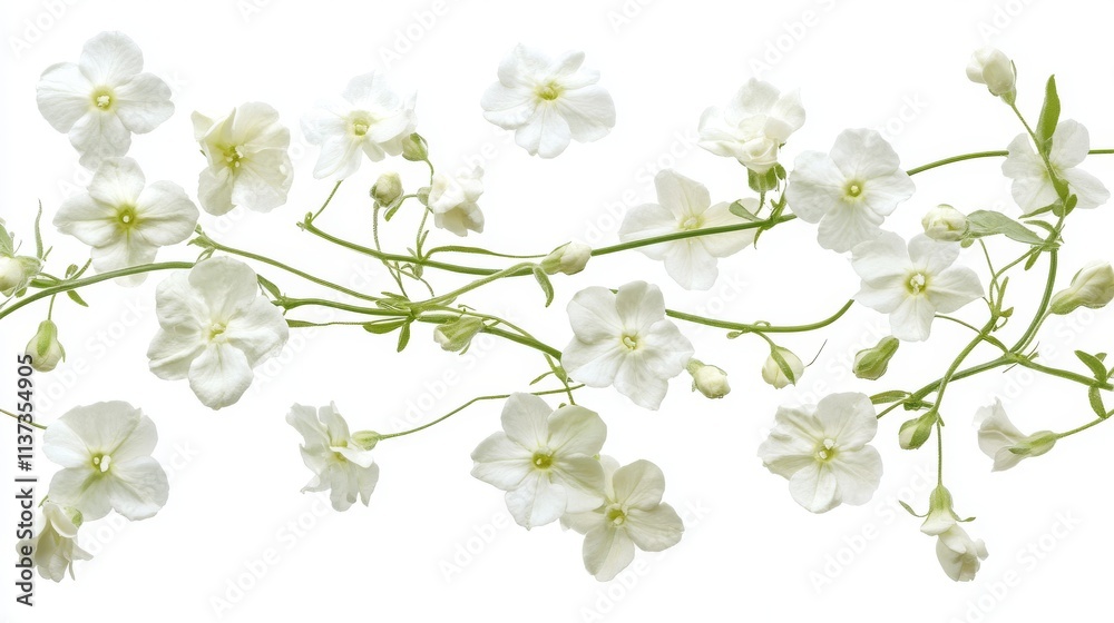 Delicate white jasmine blooms and buds floating, light green stems, ethereal floral arrangement, botanical photography, pure white background, soft studio lighting Delicate white jasmine blooms and buds floating, light green stems, ethereal floral arrangement, botanical photography, pure white background, soft studio lighting