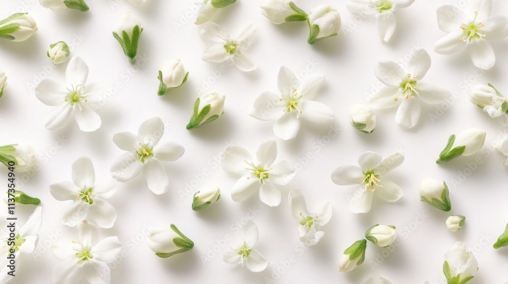Scattered jasmine flowers with unopened buds, pristine white petals, fresh green calyxes, high-definition macro photography, clean white backdrop, natural light diffusion Scattered jasmine flowers with unopened buds, pristine white petals, fresh green calyxes, high-definition macro photography, clean white backdrop, natural light diffusion