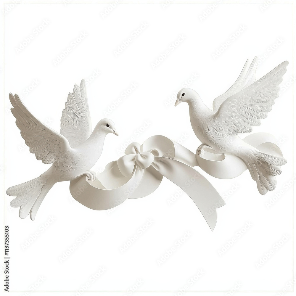 Fototapeta premium Elegant doves holding ribbon create romantic vibe for decor, isolated design on white background 