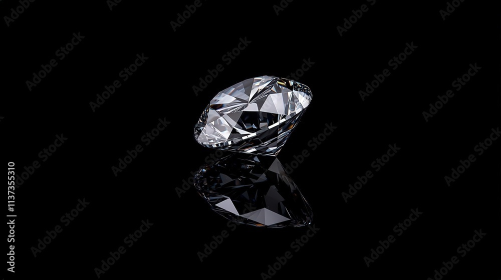 Diamond White A brilliant round diamond with perfect clarity, placed on a reflective black surface.