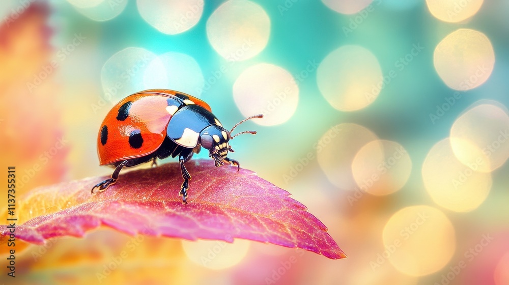 Fototapeta premium Close-up of ladybug on autumn leaf, bokeh background. Perfect for nature, spring, or insect themes; evokes feelings of hope and new beginnings.