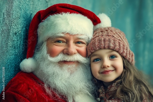 Noel ad campaign visual idea image shot for marketing material and social media use. Gleeful christmas, Ñute child girl soft smile with santa claus. Xmas sale banners. Christmas holiday photos. photo