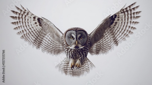 flying owl with expansive wingspan, symmetrical wing position, detailed barred wing feathers, grey and brown tones, sharp golden eyes, ornithological study, fine art photography, minimalist white