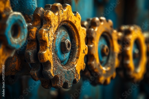 Close-up of rusty, yellow and blue industrial gears. photo