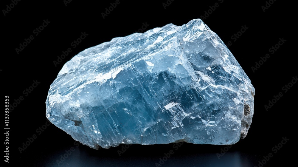 A raw aquamarine gemstone with natural cracks and textures, displayed on black. A raw aquamarine gemstone with natural cracks and textures, displayed on black.