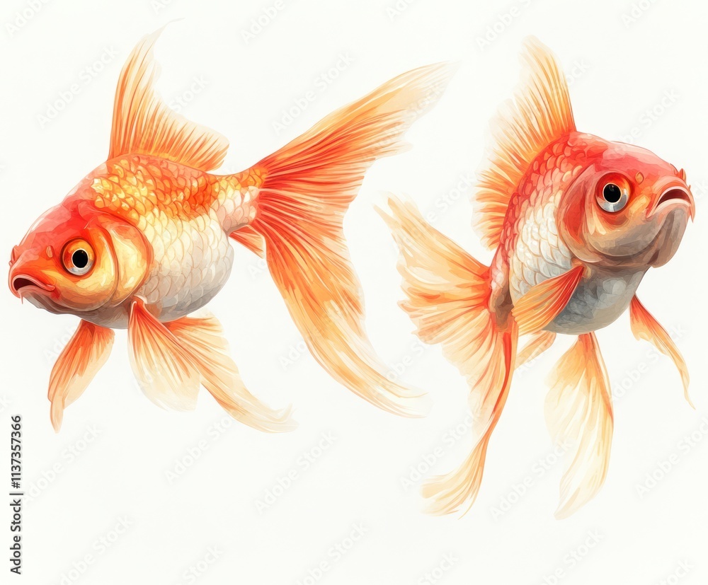 Fototapeta premium Two vibrant orange goldfish, one facing left, one right, isolated on white.