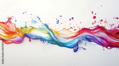 Multicolored paint waves colliding midair, fluid dynamics capture, splashing droplets, flowing liquid movement, saturated rainbow colors, clean white background, fine art photography, macro shot