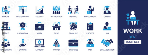 Work icon set collection. Remote, presentation, success, institution, project, meting, employment, career, office, promotion, work, desk and best solid icon set.