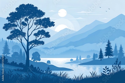 blue monochrome landscape painting for canvas photo