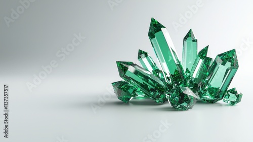 A cluster of emerald gemstones in various cuts and sizes, sparkling on a white background. photo