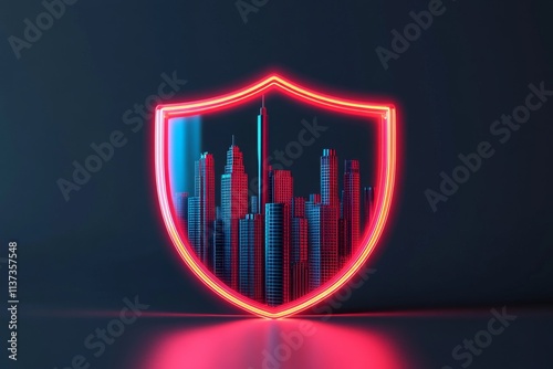 Digital shield with city skyline in neon design. Bound and Safeguard concept. photo