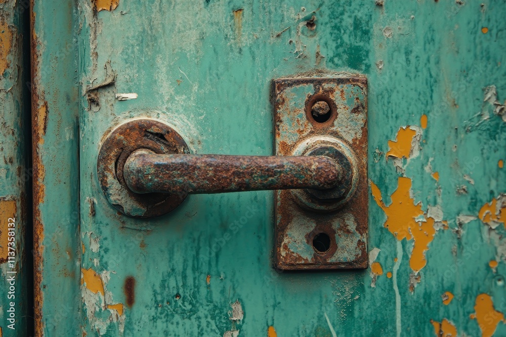 Rusty metal latch on weathered teal door. Rusty metal latch on weathered teal door.