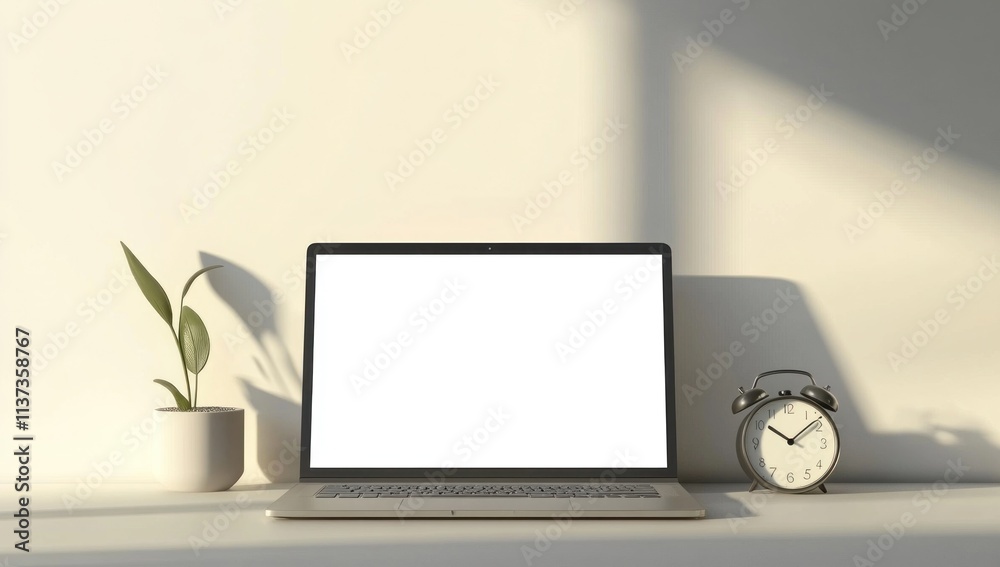 Fototapeta premium Laptop, Plant, and Alarm Clock on a White Desk