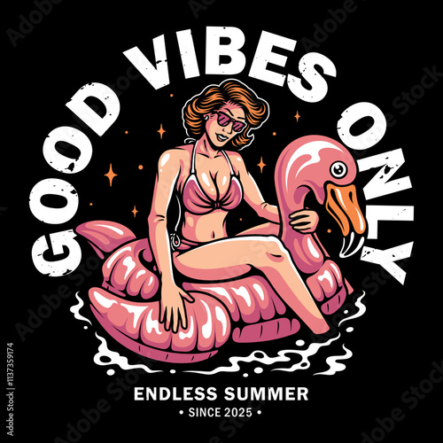 Vector illustration of a woman relaxing on a flamingo floatie.