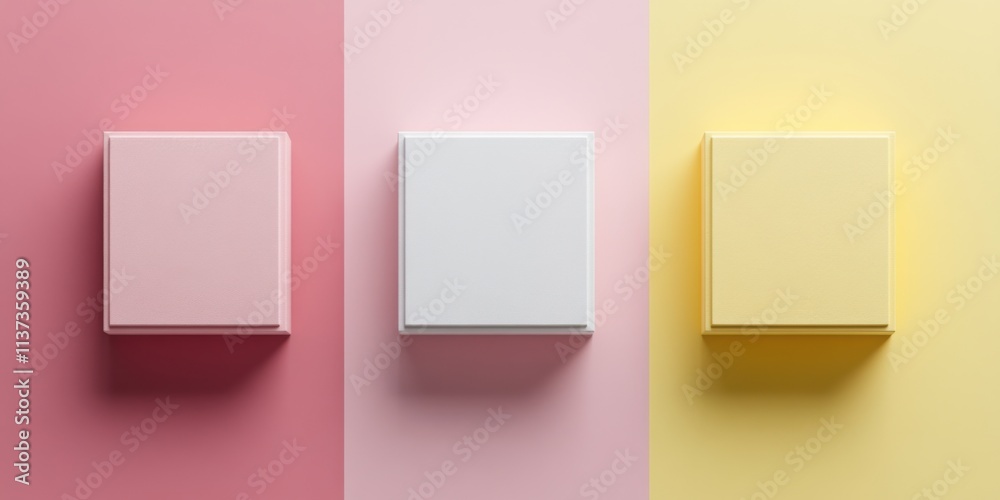 Three pastel boxes against colorful backgrounds Three pastel boxes against colorful backgrounds