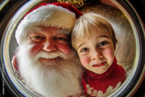 Lively yule, Ñute child boy sad with santa claus. Christmas marketing visual idea snapshot shot for marketing material and social media use. Winter festivity visuals. Santa toddler red joy. photo