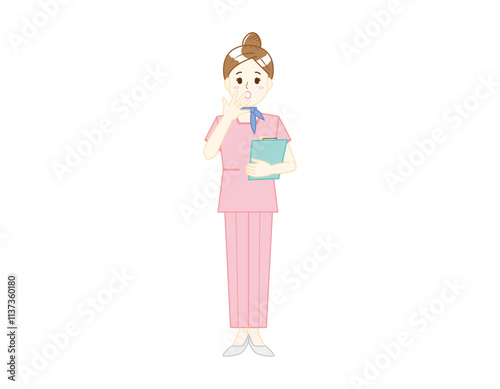 パンツスタイルで接客する女性のイラスト　美容アドバイススタッフ