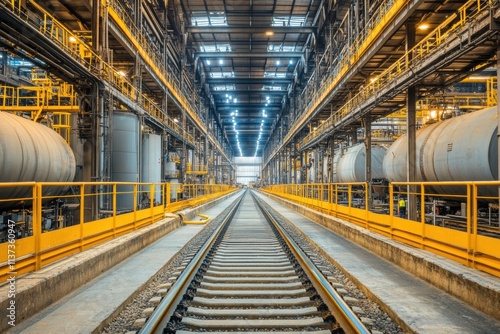 Industrial Railway Track Through Modern Factory Interior